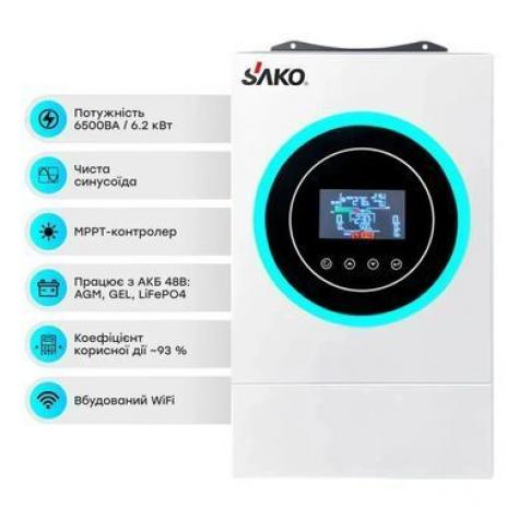 Комплект резервного питания Sako: гибридный инвертор 6.5kVA/6.2kW SUNON V 48V+120A MPPT и аккумуляторная фото 2