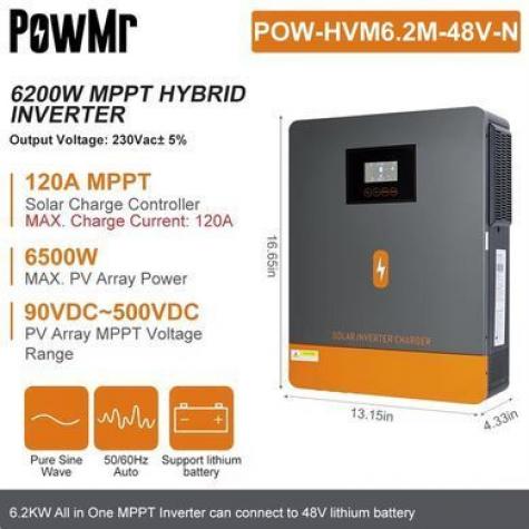 Комплект гибридный инвертор PowMr 6200W 48V POW-HVM6.2H-48V-N + Аккумулятор LiFePO4 POW-LIO48100-16S фото 2