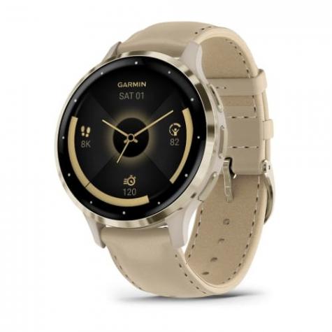 Garmin VENU 3S цвета "французский серый" с золотистым безелем и кожаным ремешком фото 1