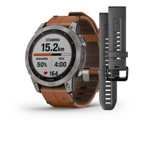 Умные часы Garmin FENIX 7 Sapphire Solar титановый серый с коричневым кожаным ремешком фото 1