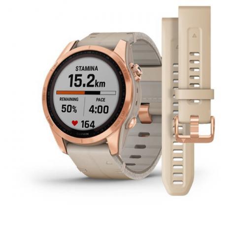 Умные часы Garmin  FENIX 7S Sapphire Solar титановый цвета розовое золото с песчаным кожаным ремешком фото 1