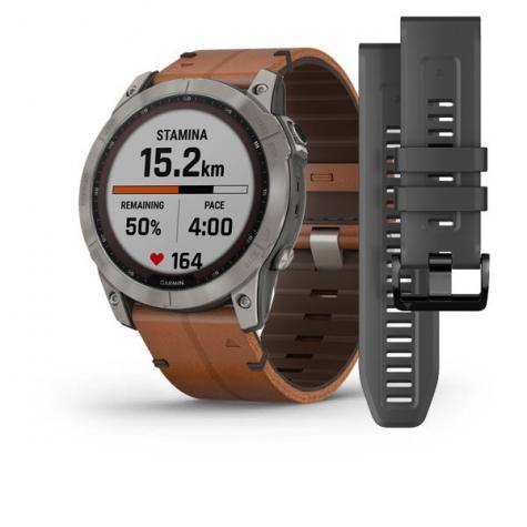 Умные часы Garmin Fenix 7X Sapphire Solar титановый черный с коричневым кожаным ремешком фото 1