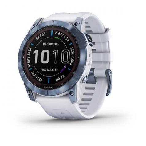 Умные часы Garmin Fenix 7X Sapphire Solar титановый синий минерал DLC с белым ремешком фото 1