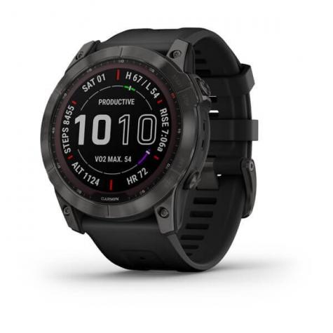 Умные часы Garmin Fenix 7X Sapphire Solar титановый угольно-серый DLC с силиконовым ремешком фото 1
